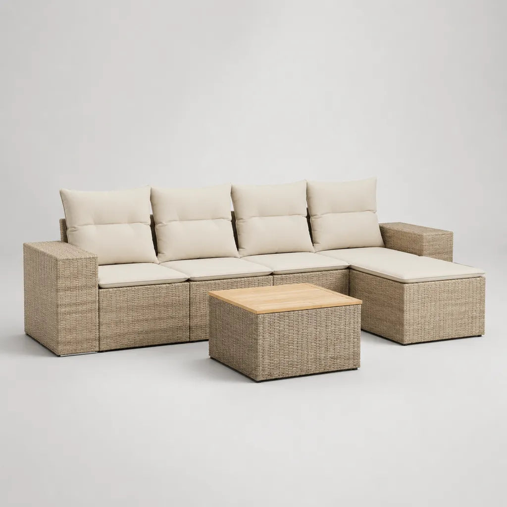 Gartensofa Lounge-Set 5-teilig mit Tisch, PE-Rattan, Stahl und Akazienholz, L-Form rechts, Beige und Creme, 280 x 145 x 85 cm