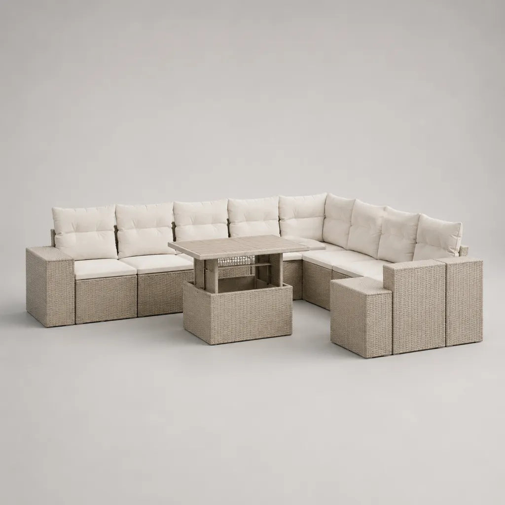 10-teiliges Garten-Lounge-Set aus PE-Rattan mit höhenverstellbarem Tisch, Ecksofa und 2 Hockern, Beige/Cremeweiß, 270 × 210 × 72 cm