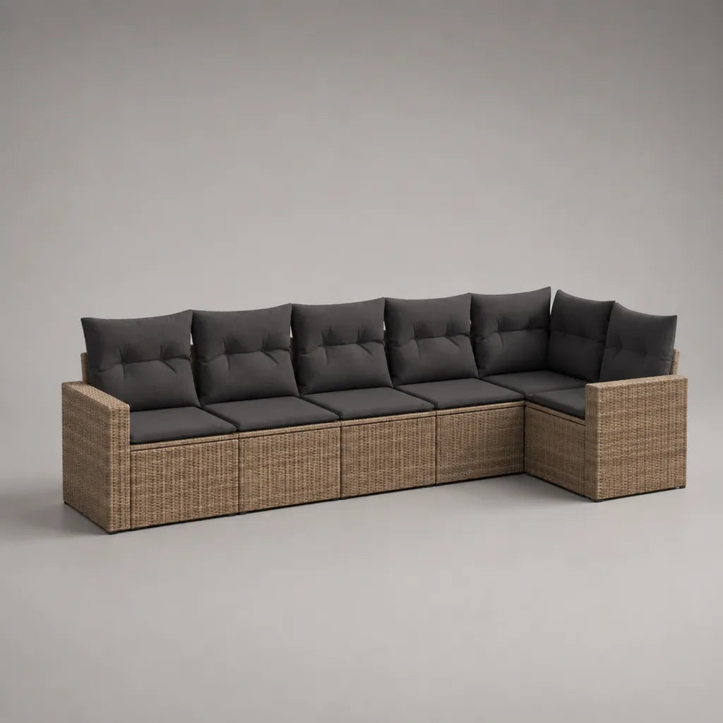 Gartensofa Ecksofa 6-Sitzer aus PE-Rattan mit Polyesterkissen, L-Form, Naturbraun/Anthrazit, 280 × 200 × 75 cm