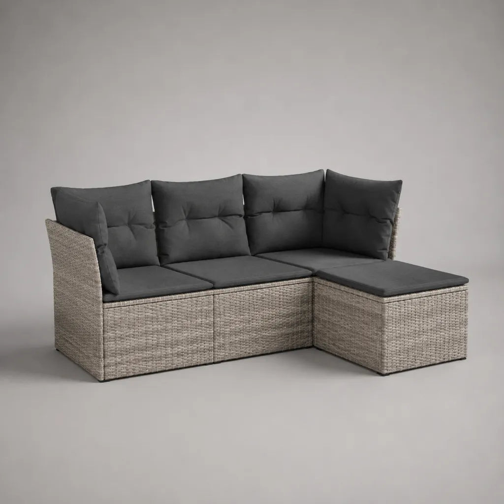 2-teiliges Gartensofa aus PE-Rattan und Metall mit Polyesterkissen, L-Form rechts, Beige/Dunkelgrau, 205 × 140 × 75 cm