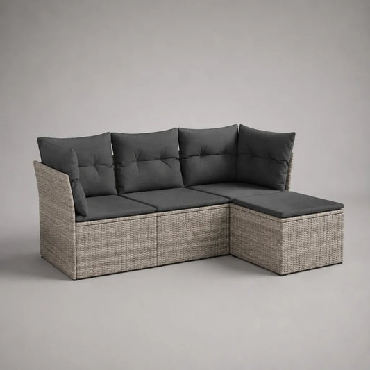 2-teiliges Gartensofa aus PE-Rattan und Metall mit Polyesterkissen, L-Form rechts, Beige/Dunkelgrau, 205 × 140 × 75 cm