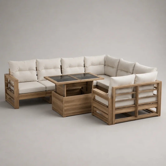 8-teiliges Gartensofa-Set in U-Form aus Akazienmassivholz mit Polyesterpolstern und Glastisch, Naturbraun/Cremeweiß/Anthrazit, ca. 260 × 200 × 72 cm