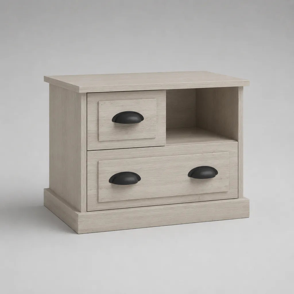 Nachttisch aus MDF-Holzdekor mit 2 Schubladen und offenem Fach, gekalktes Weiß/Schwarz, 60 × 40 × 55 cm