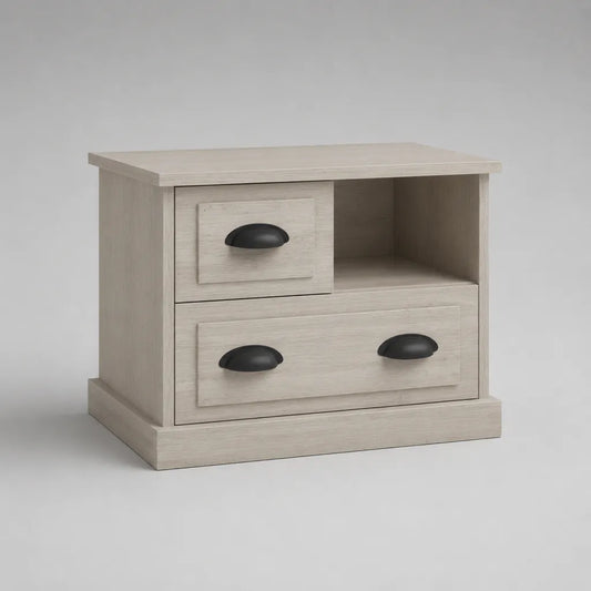 Nachttisch aus MDF-Holzdekor mit 2 Schubladen und offenem Fach, gekalktes Weiß/Schwarz, 60 × 40 × 55 cm