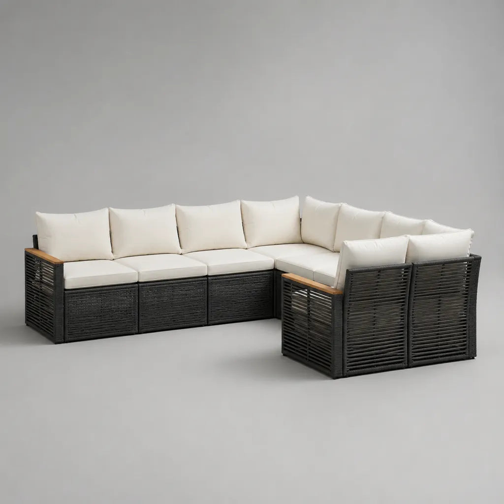 6-Sitzer Gartensofa-Set aus PE-Rattan und Stahl, L-Form, Schwarz/Creme/Teakbraun, 280 × 210 × 75 cm