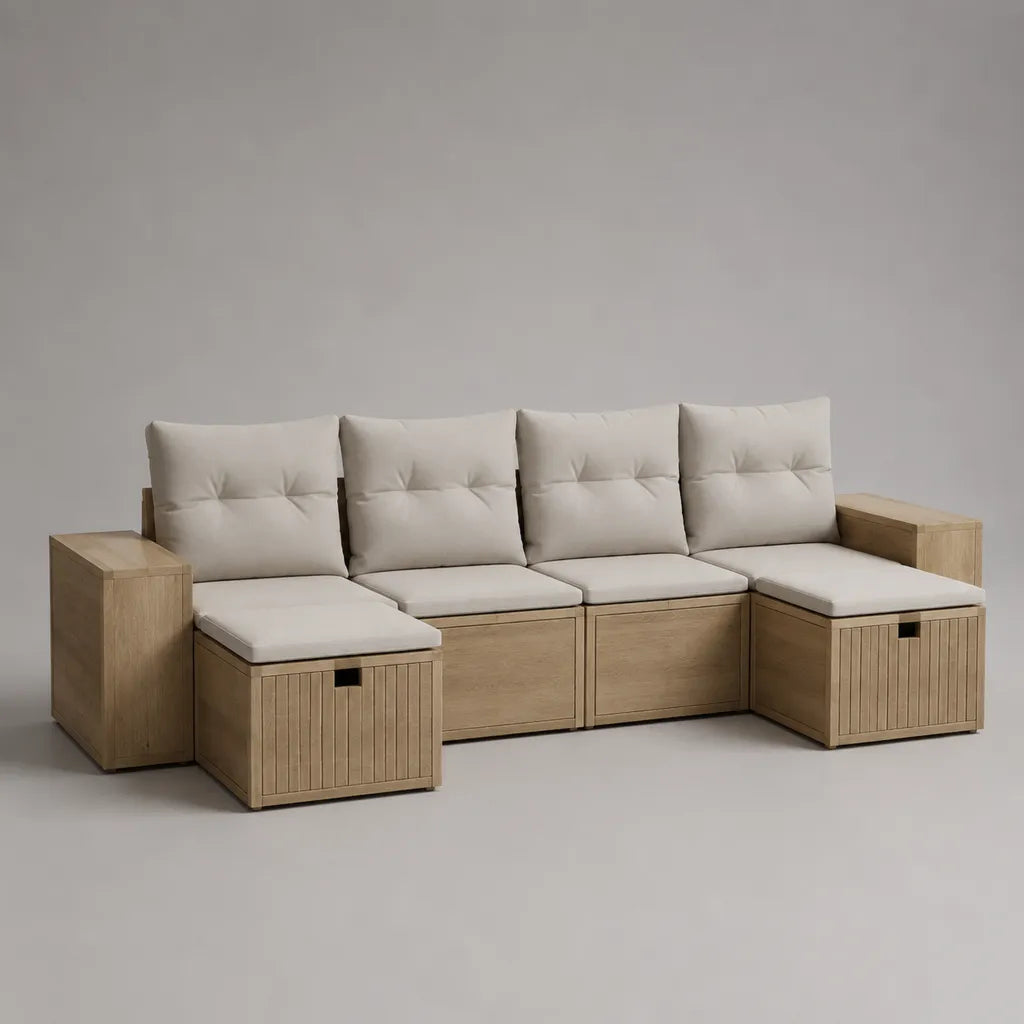 4-Sitzer-Gartensofa-Garnitur in U-Form aus massivem Akazienholz mit Stauraum und Polstern, Natur/Creme, 280 × 135 × 84 cm