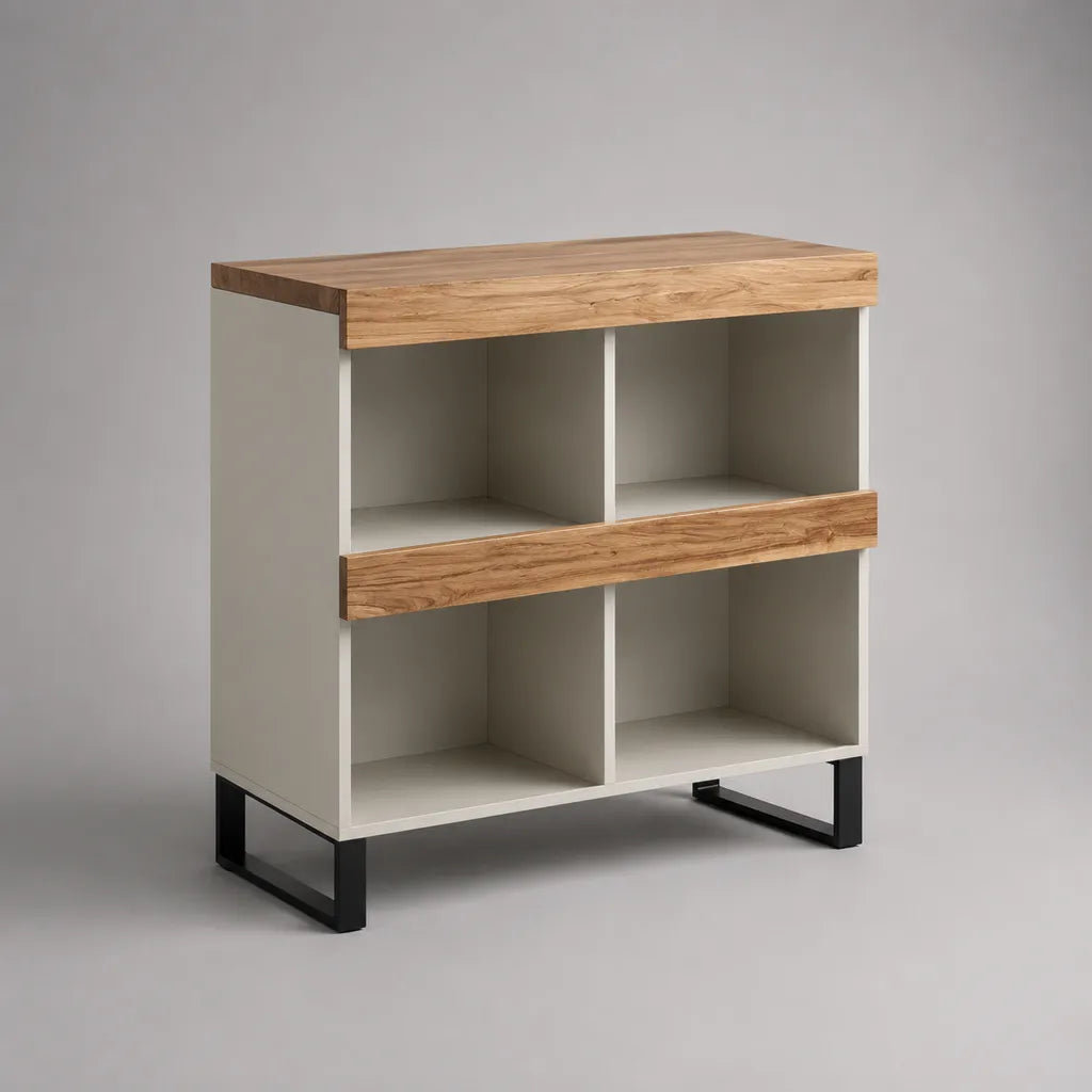 Bücherregal mit 4 offenen Fächern aus MDF, Eichenfurnier und Stahl, Weiß/Eiche Natur/Schwarz, 80 × 30 × 90 cm