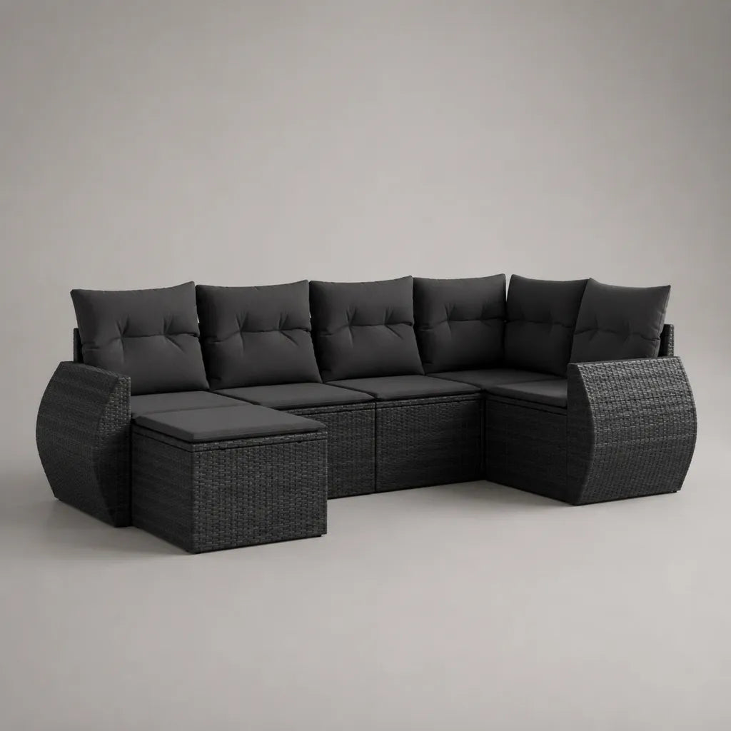 7-teiliges Gartensofa-Set für 6 Personen aus PE-Rattan und Metall mit Polstern, U-Form, Anthrazit/Schwarz, 300 × 220 × 73 cm