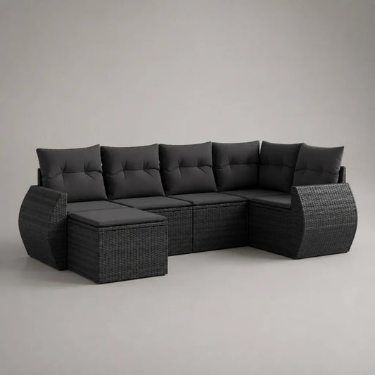 7-teiliges Gartensofa-Set für 6 Personen aus PE-Rattan und Metall mit Polstern, U-Form, Anthrazit/Schwarz, 300 × 220 × 73 cm