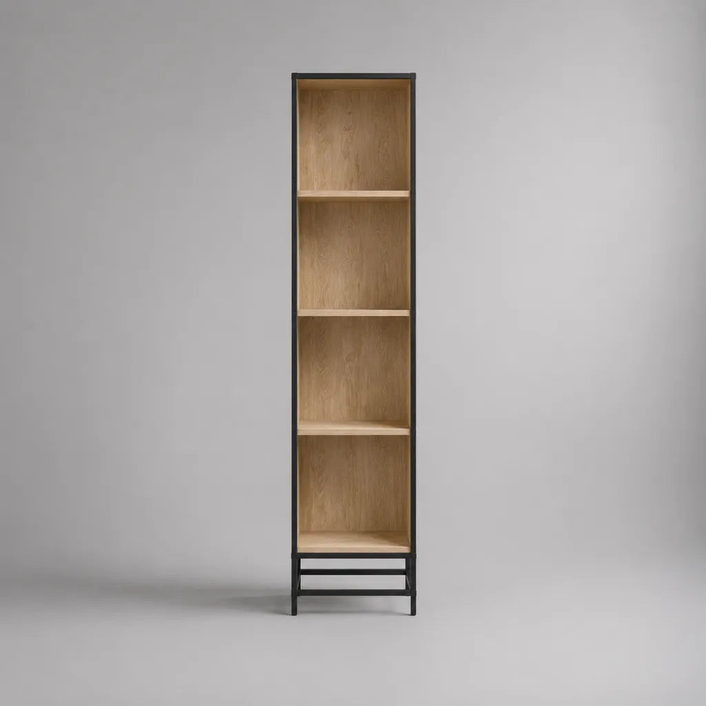 Bücherregal mit 4 Fächern aus MDF mit Eichenfurnier und Stahl, Eichefarben/Schwarz, 45 × 35 × 180 cm