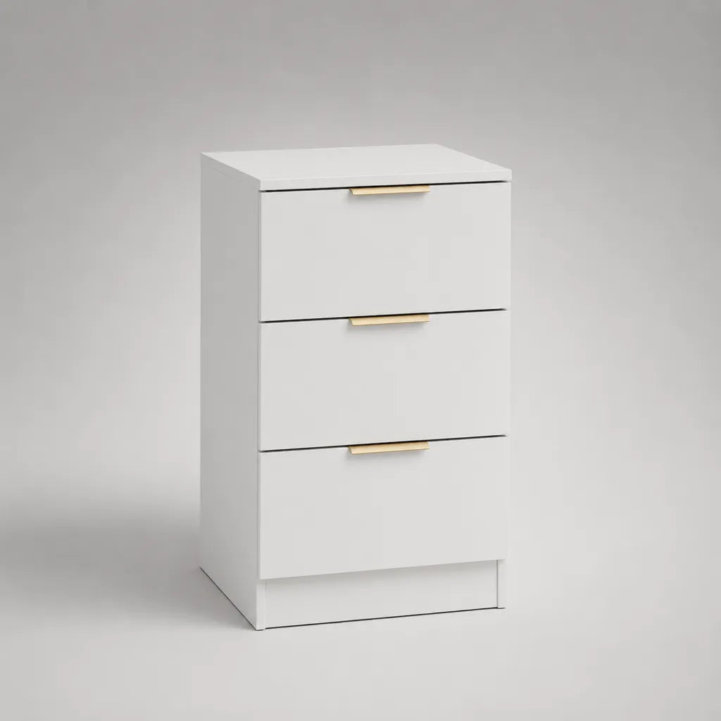 Nachttisch mit 3 Schubladen aus MDF und Spanplatte, Weiß und Gold, 40 × 35 × 65 cm