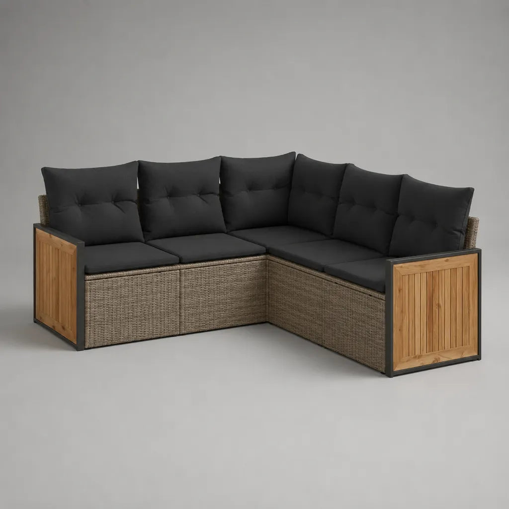 Garten-Ecksofa 5-Sitzer aus PE-Rattan, Akazienholz und Stahl, L-Form, Anthrazit/Braun/Natur, 210 × 210 × 85 cm