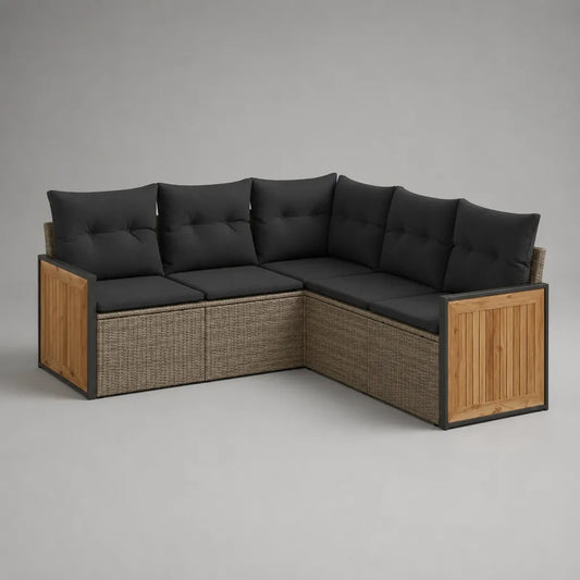 Garten-Ecksofa 5-Sitzer aus PE-Rattan, Akazienholz und Stahl, L-Form, Anthrazit/Braun/Natur, 210 × 210 × 85 cm
