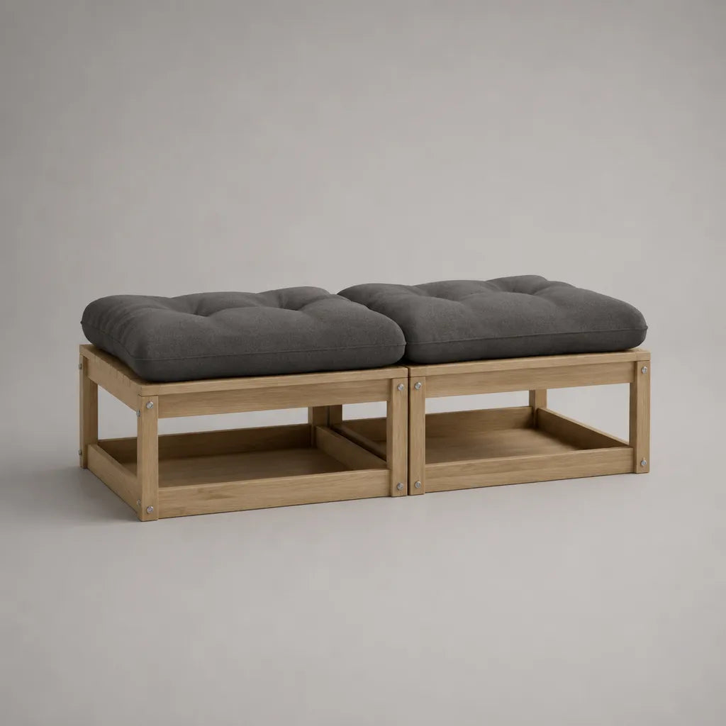 2-teilige Garten-Sitzbank aus Akazien-Massivholz mit grauen Polyesterkissen, Natur/Grau, 140 × 70 × 45 cm