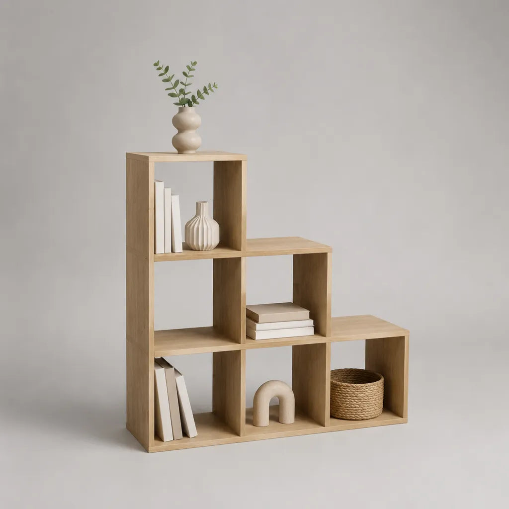 Treppenregal Bücherregal mit 6 Fächern aus melaminbeschichteter Spanplatte, Eiche Natur, 93 × 29 × 93 cm