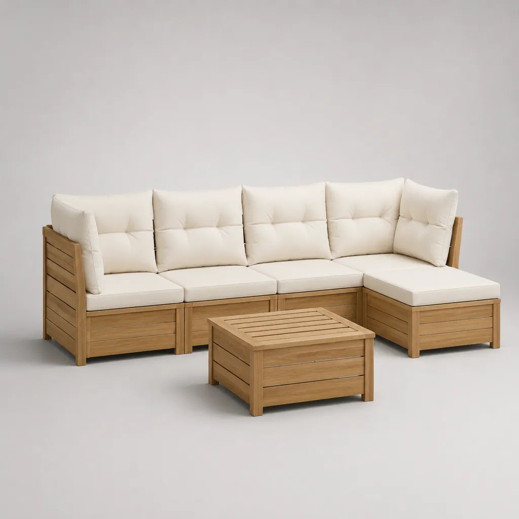 5-teiliges Garten-Lounge-Set aus Akazien-Massivholz mit Ecksofa, Polstern und Couchtisch, Natur/Cremeweiß, 275 x 140 x 78 cm