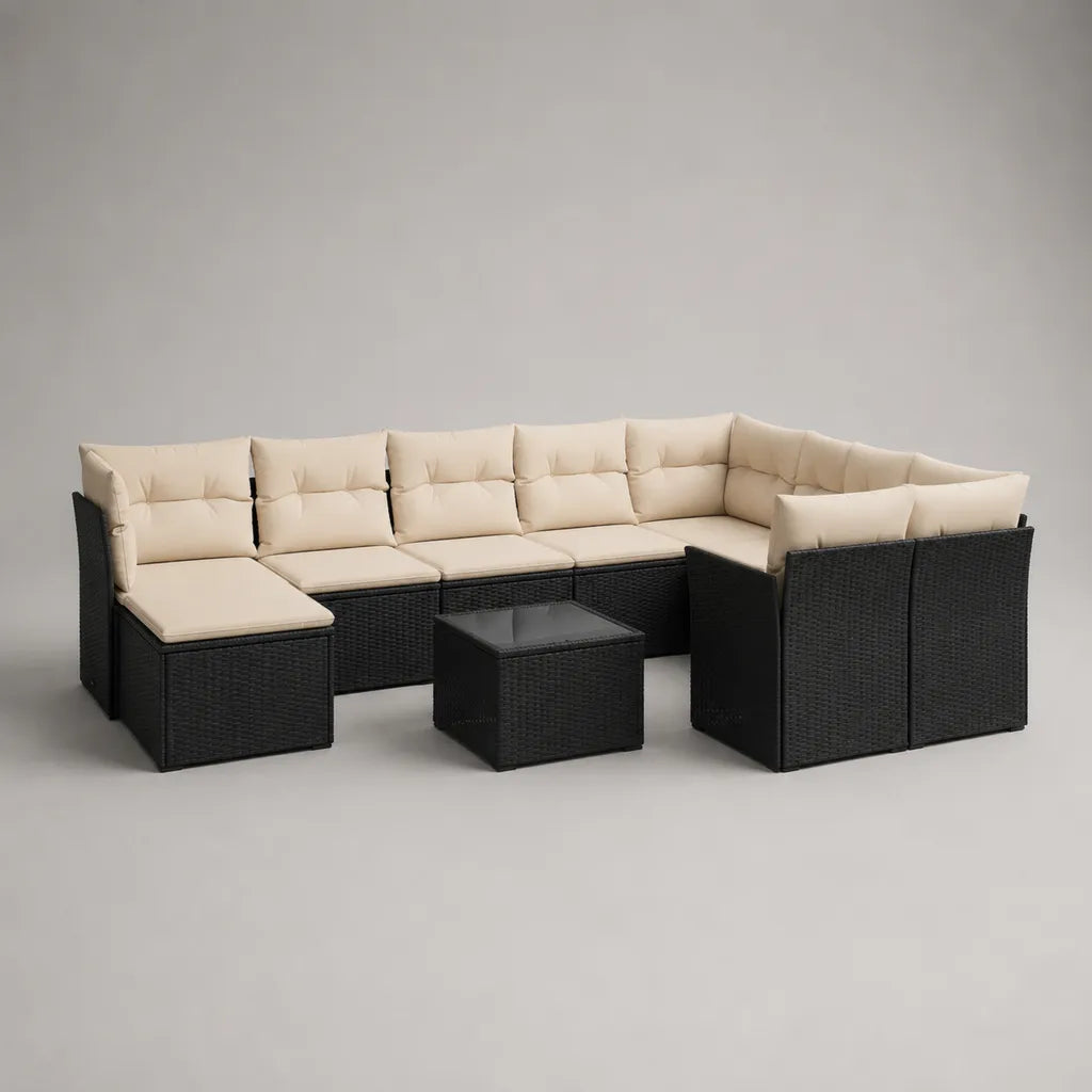 9-teiliges Gartensofa-Set aus PE-Rattan mit Polstern und Glastisch, U-Form, Schwarz/Beige, 260 × 190 × 75 cm