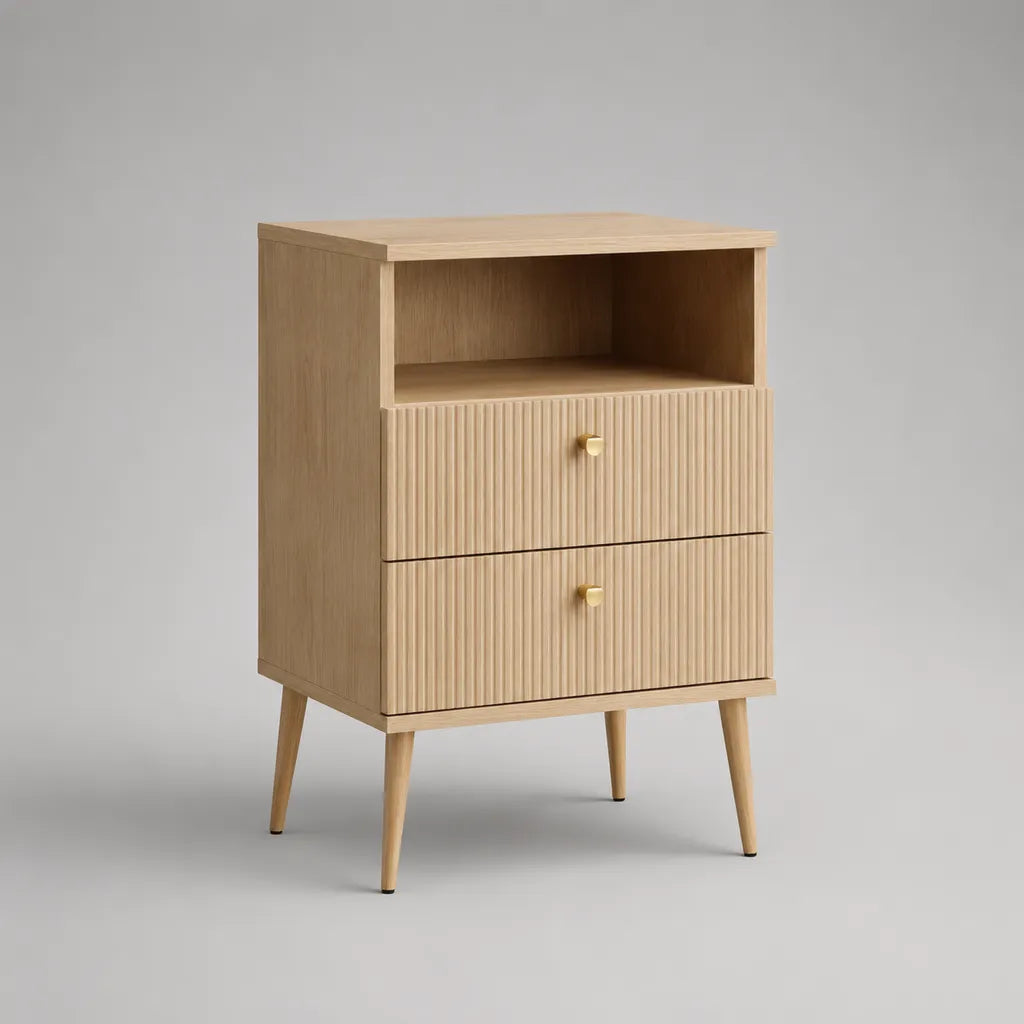 Nachttisch aus MDF mit 2 Schubladen und offenem Fach, Eiche hell, 45 × 35 × 65 cm