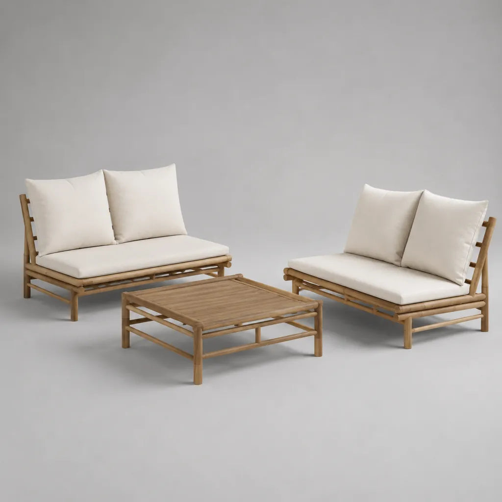 3-teiliges Gartensofa-Set aus Bambus mit zwei 2-Sitzern und Tisch, Natur/Naturweiß, Sofas je 122 × 70 × 75 cm, Tisch 90 × 55 × 35 cm