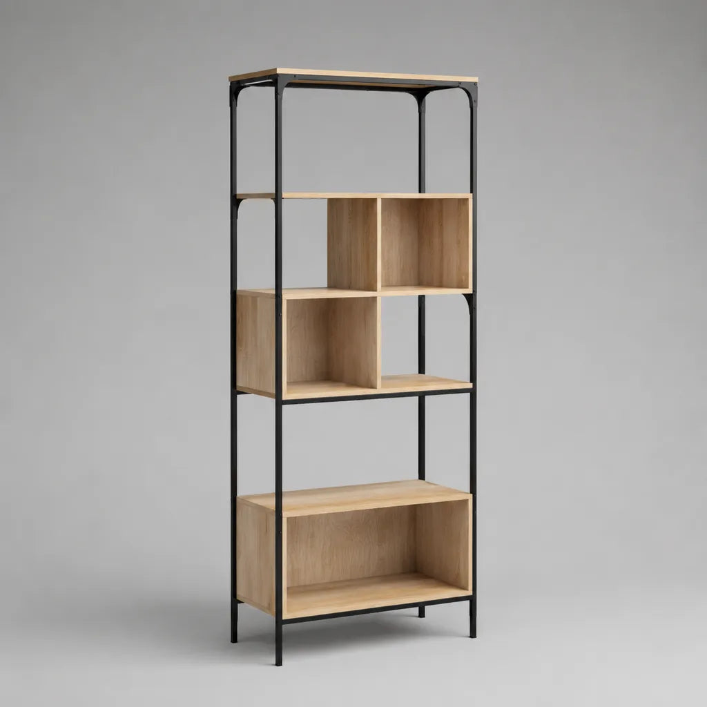 Bücherregal aus melaminbeschichteter Spanplatte und Stahl, 6 Ablageflächen, Eichefarben/Schwarz, 70 × 30 × 180 cm