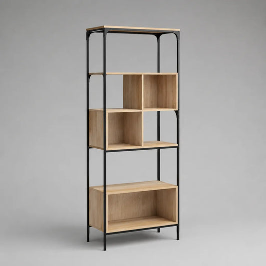 Bücherregal aus melaminbeschichteter Spanplatte und Stahl, 6 Ablageflächen, Eichefarben/Schwarz, 70 × 30 × 180 cm