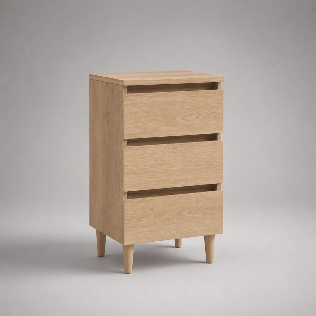Nachttisch mit 3 Schubladen aus MDF mit Eichenfurnier und Massivholzbeinen, Eiche Natur, 40 × 35 × 70 cm