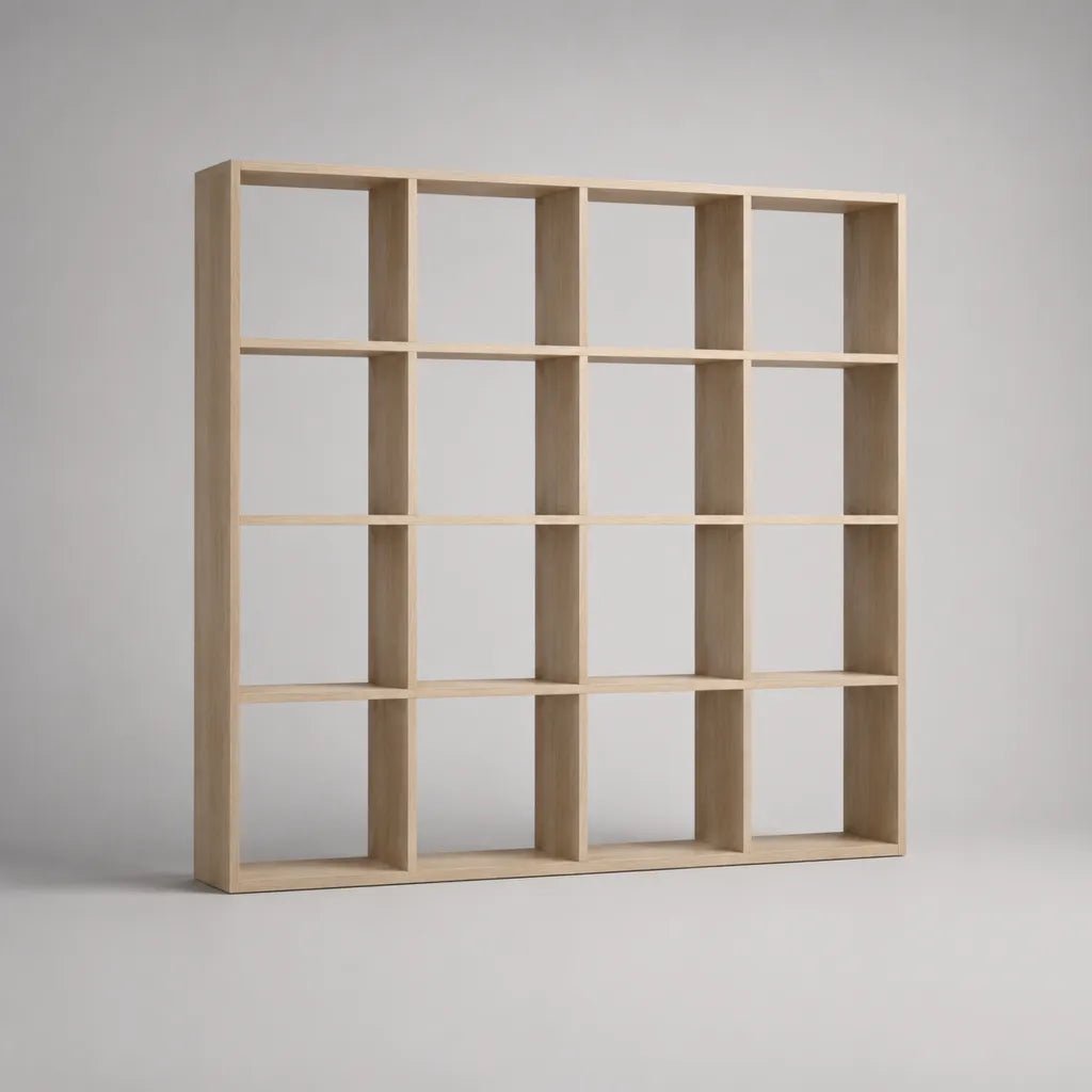 Bücherregal und Raumteiler aus melaminbeschichteter Spanplatte, 16 Fächer, Helle Eiche, 147 × 39 × 147 cm