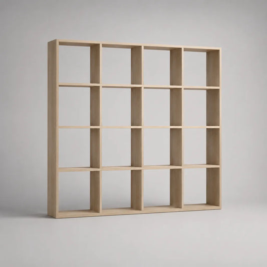 Bücherregal und Raumteiler aus melaminbeschichteter Spanplatte, 16 Fächer, Helle Eiche, 147 × 39 × 147 cm